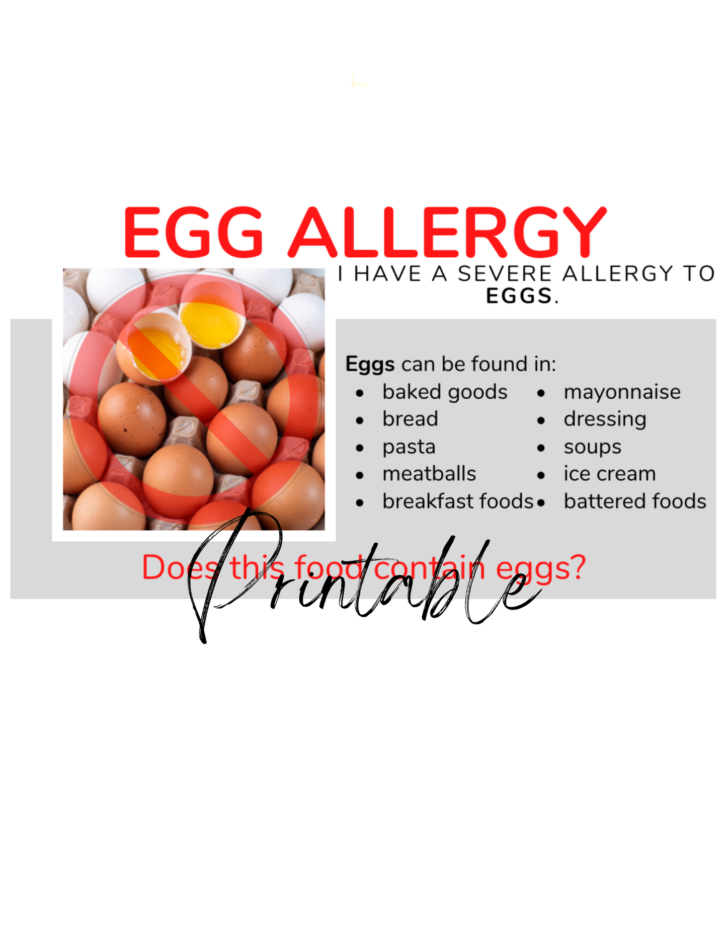 English Egg Allergy Card - Printable Allergy Translation Card