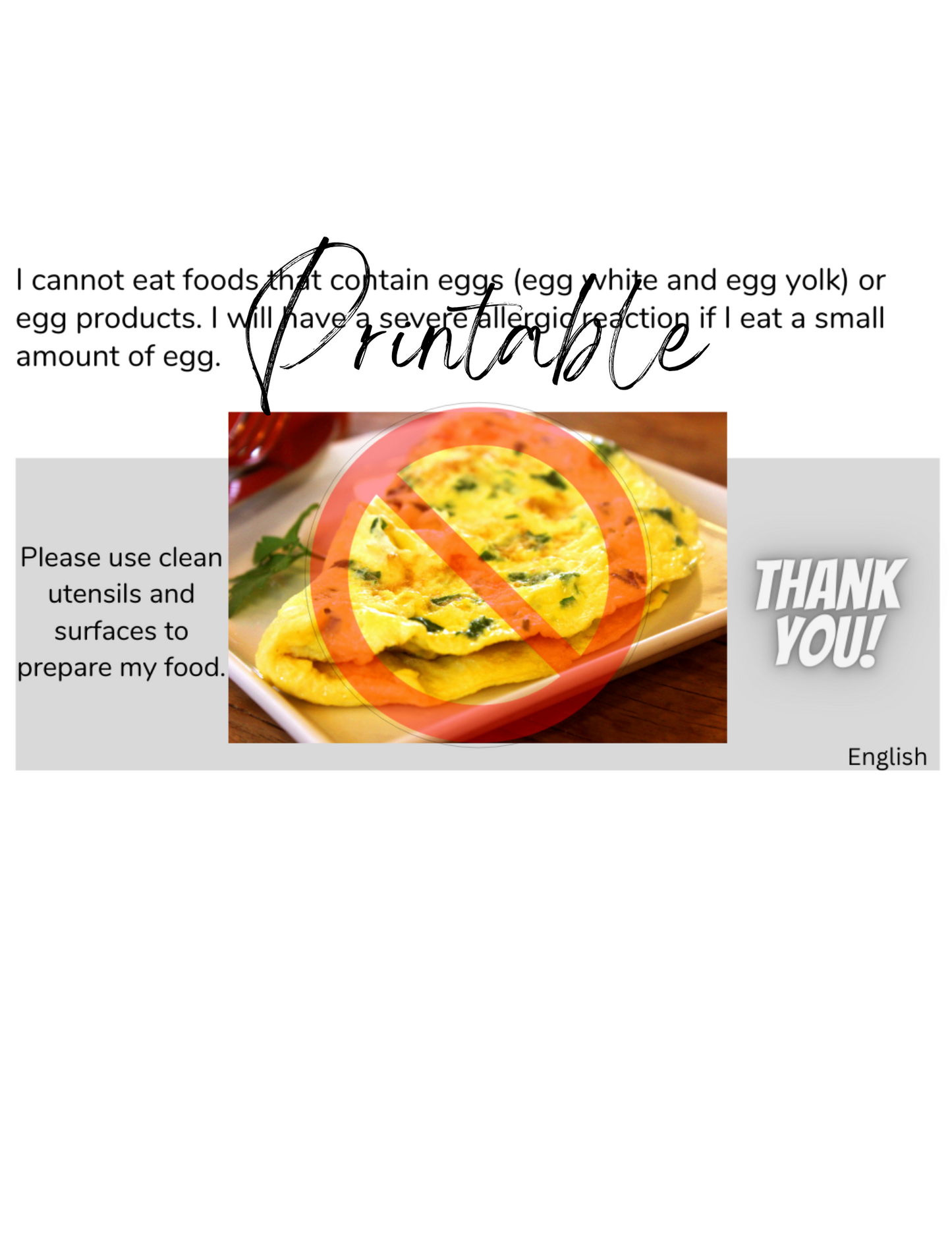 English Egg Allergy Card - Printable Allergy Translation Card