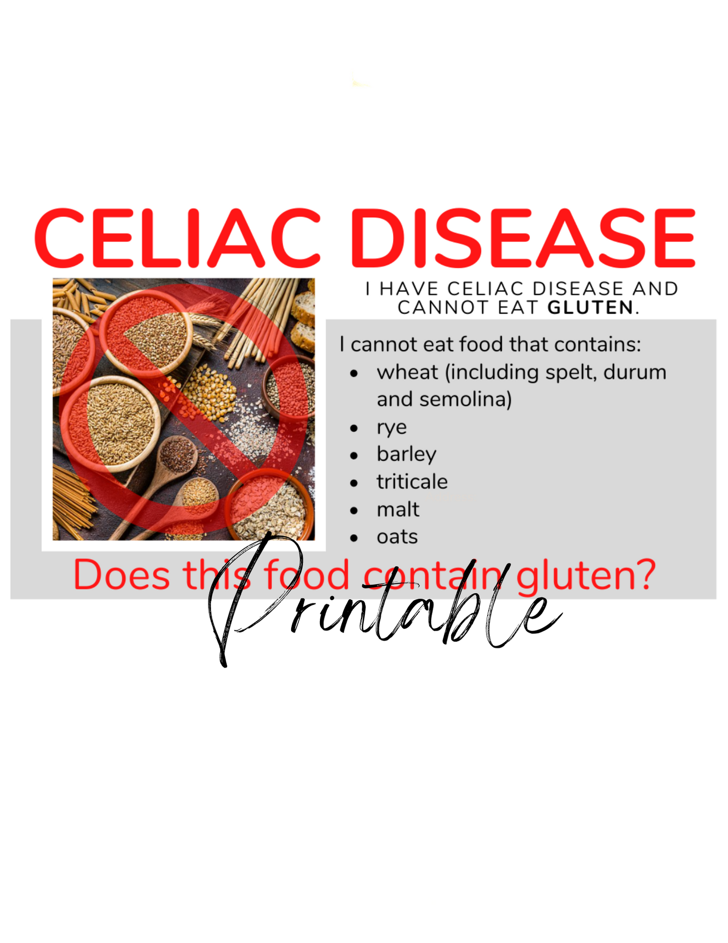English Celiac Disease Card - Printable Gluten-Free Translation Card