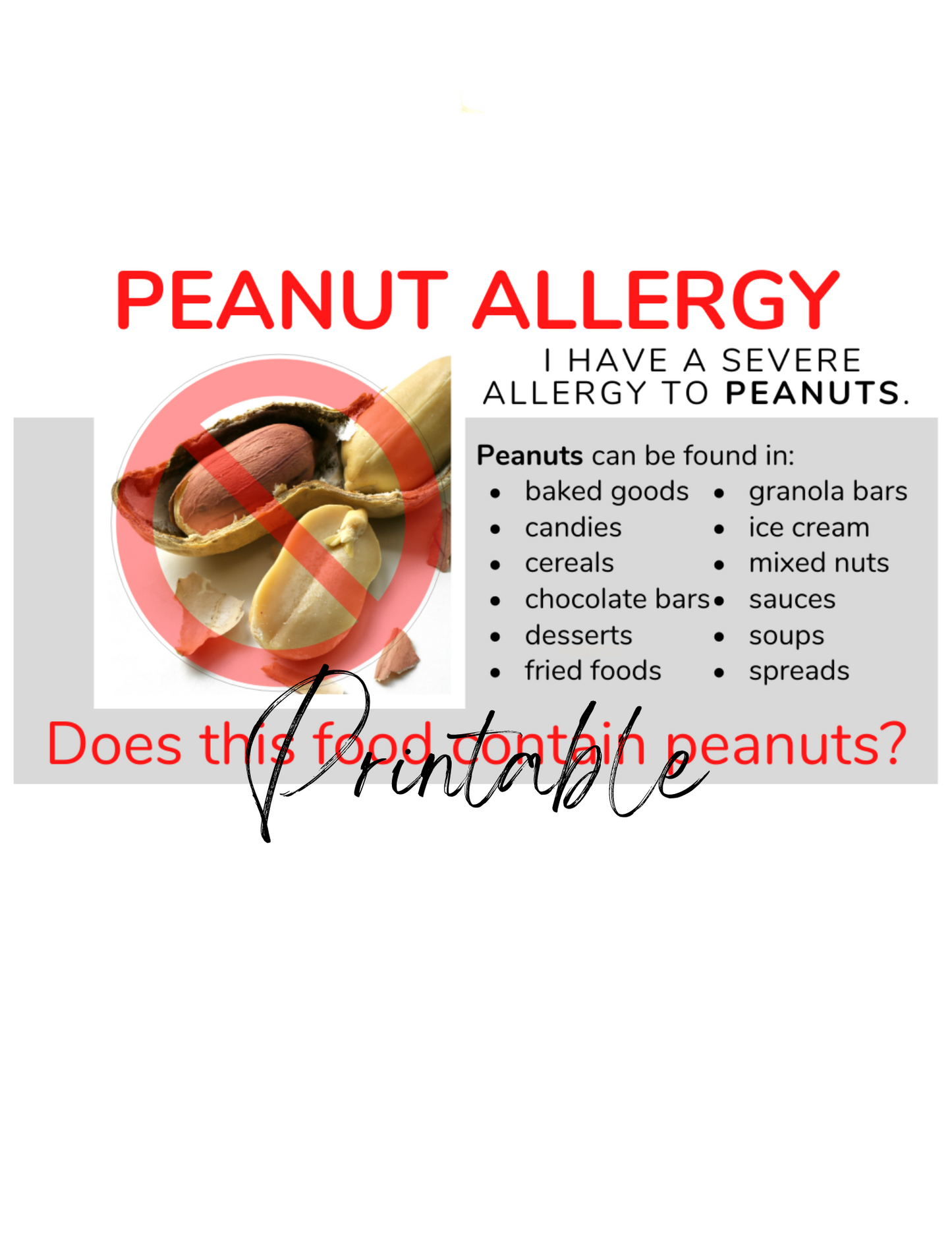 English Peanut Allergy Card - Printable Allergy Translation Card
