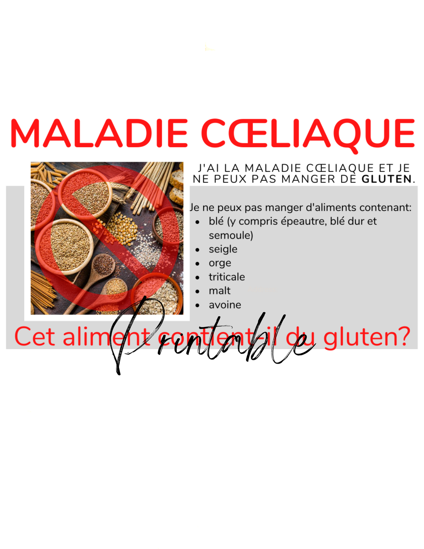 French Celiac Disease Card - Printable Gluten-Free Translation Card
