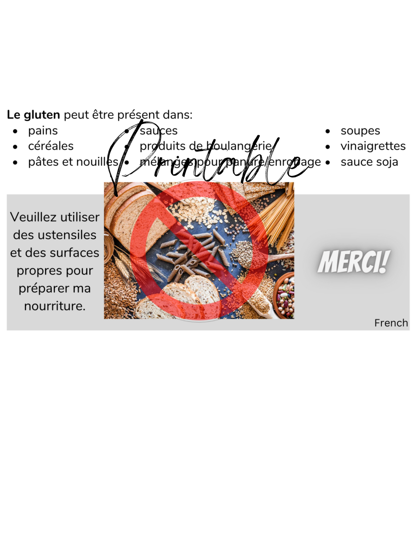French Celiac Disease Card - Printable Gluten-Free Translation Card