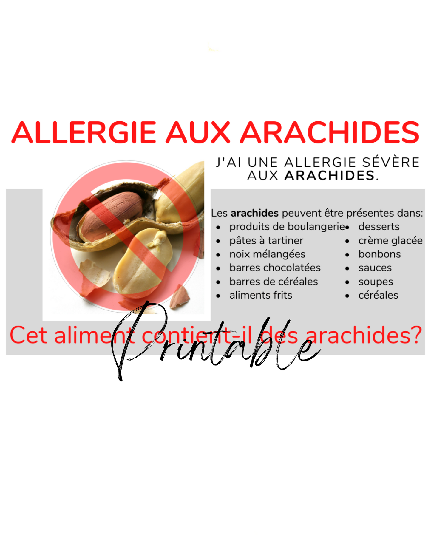 French Peanut Allergy Card - Printable Allergy Translation Card