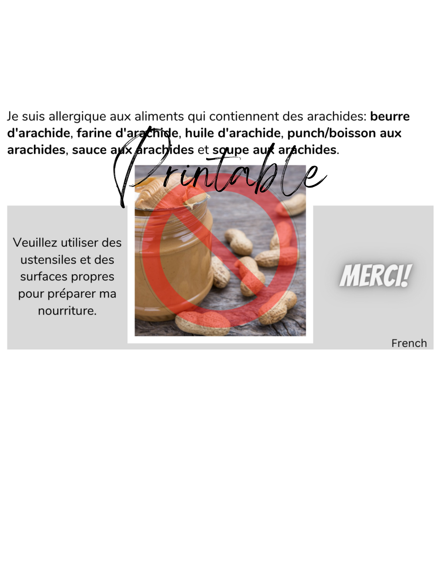 French Peanut Allergy Card - Printable Allergy Translation Card