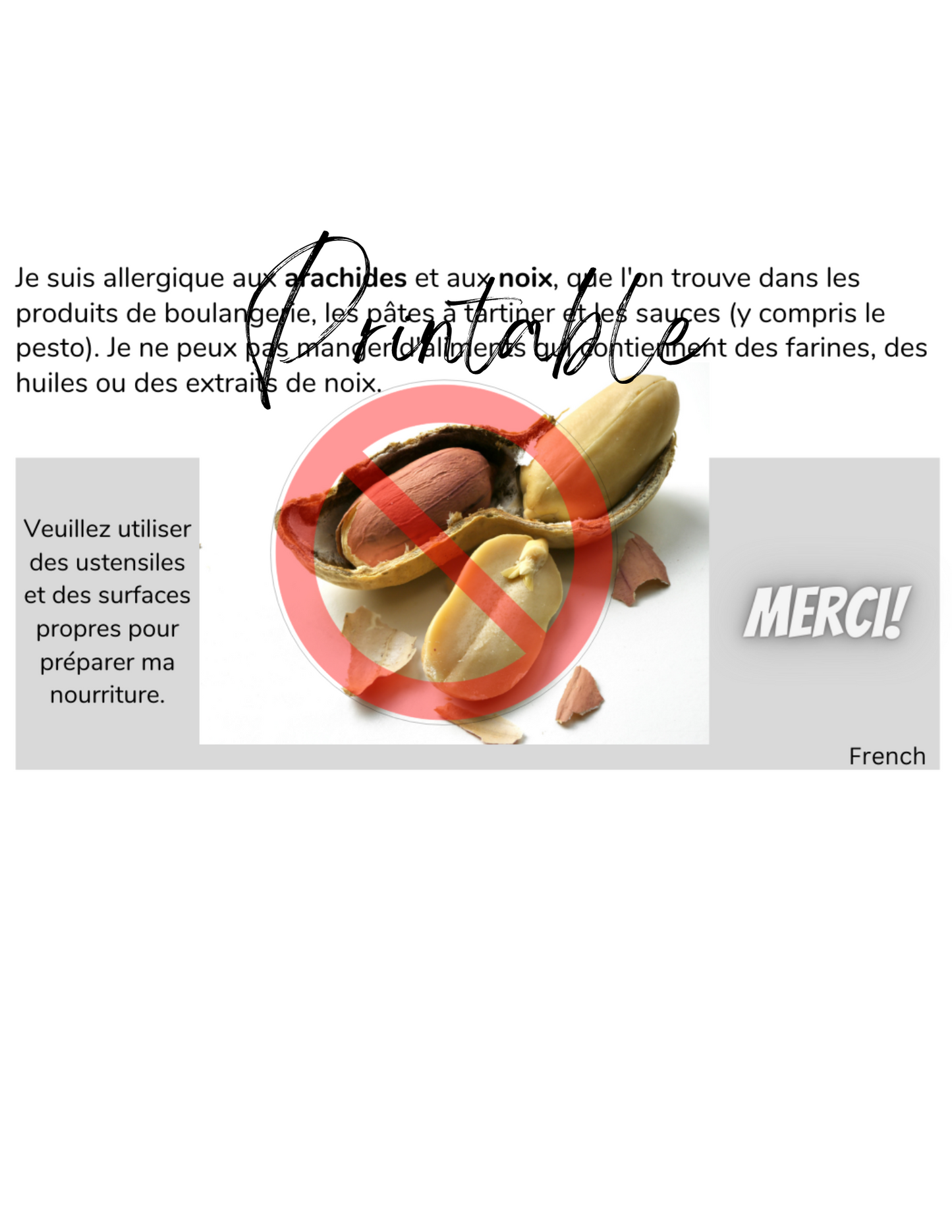 French Peanut & Tree Nut Allergy Card - Printable Allergy Translation Card