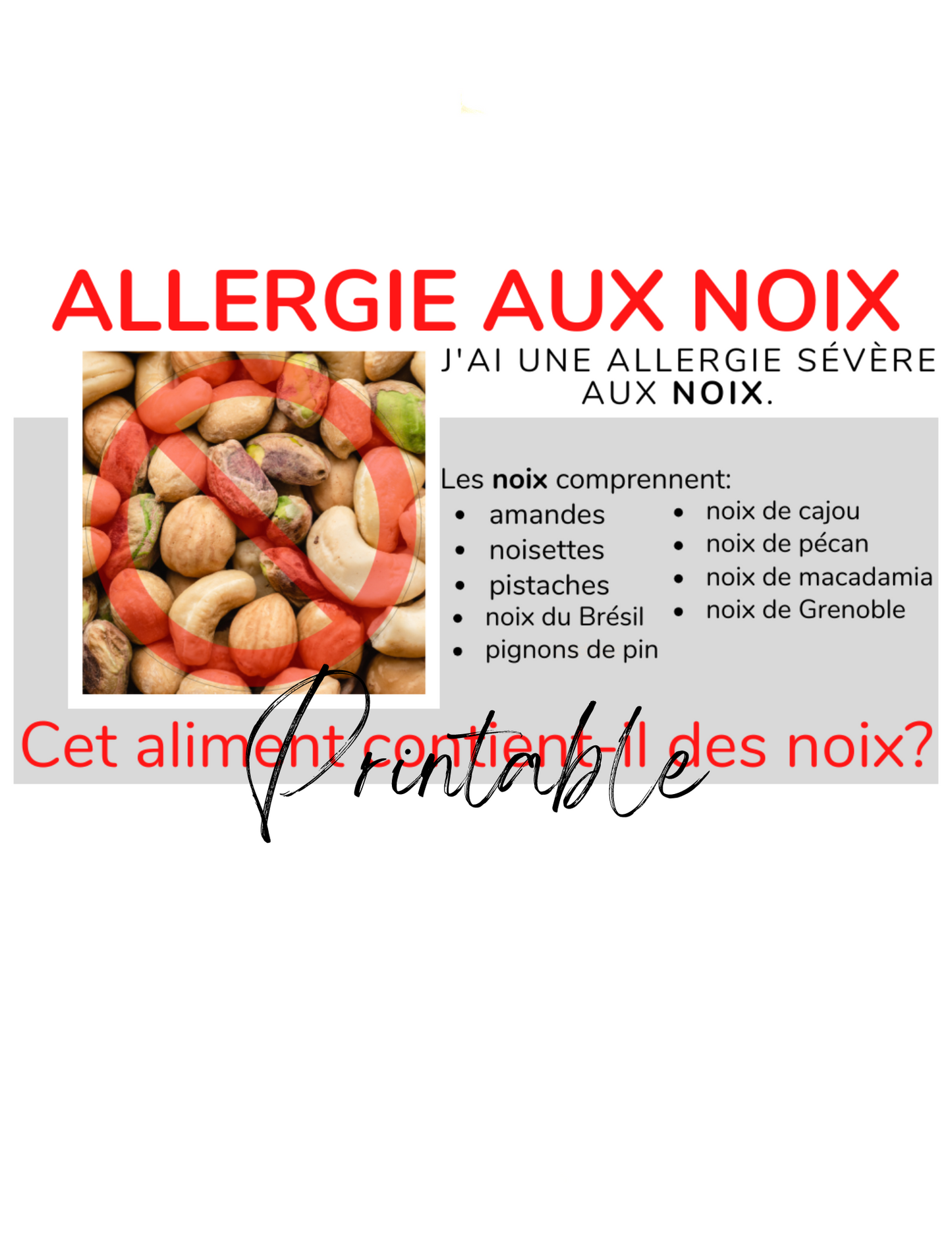 French Tree Nut Allergy Card - Printable Allergy Translation Card