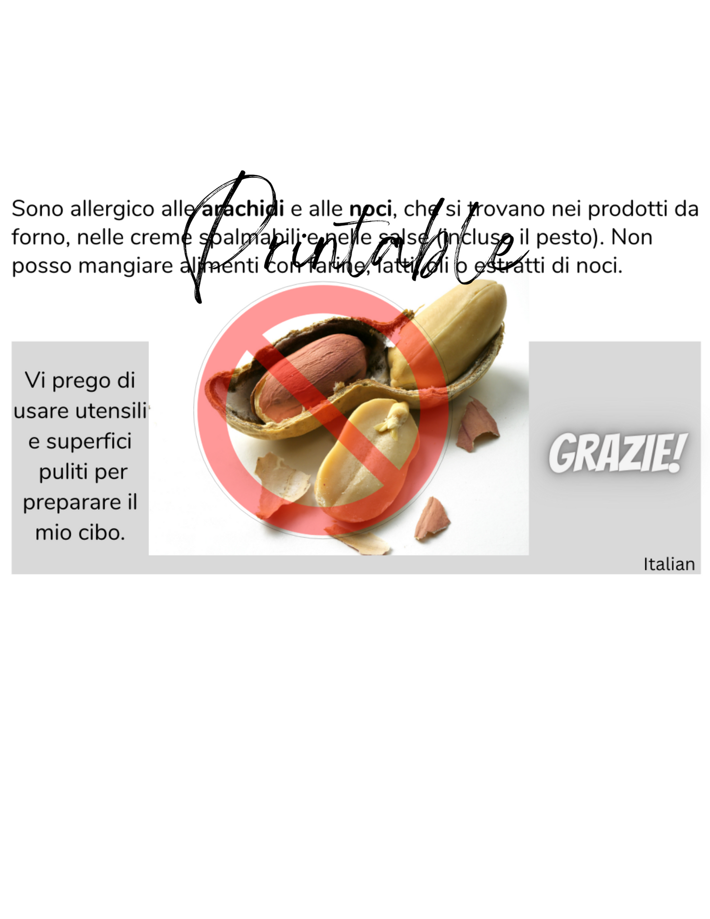 Italian Peanut & Tree Nut Allergy Card - Printable Allergy Translation Card