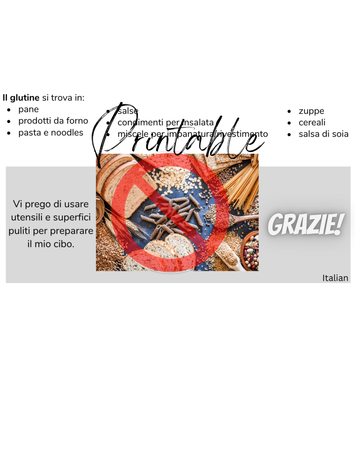 Italian Celiac Disease Card - Printable Gluten-Free Translation Card