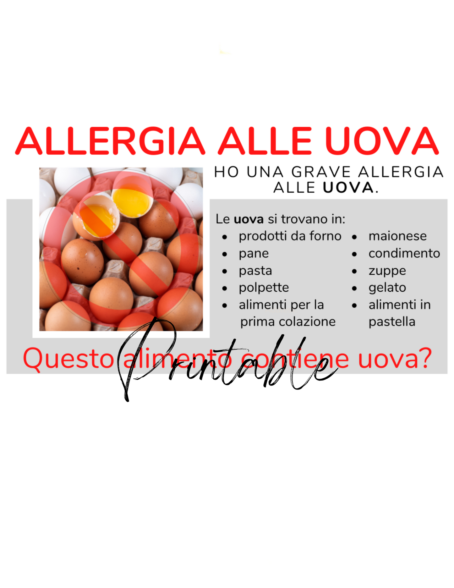 Italian Egg Allergy Card - Printable Allergy Translation Card