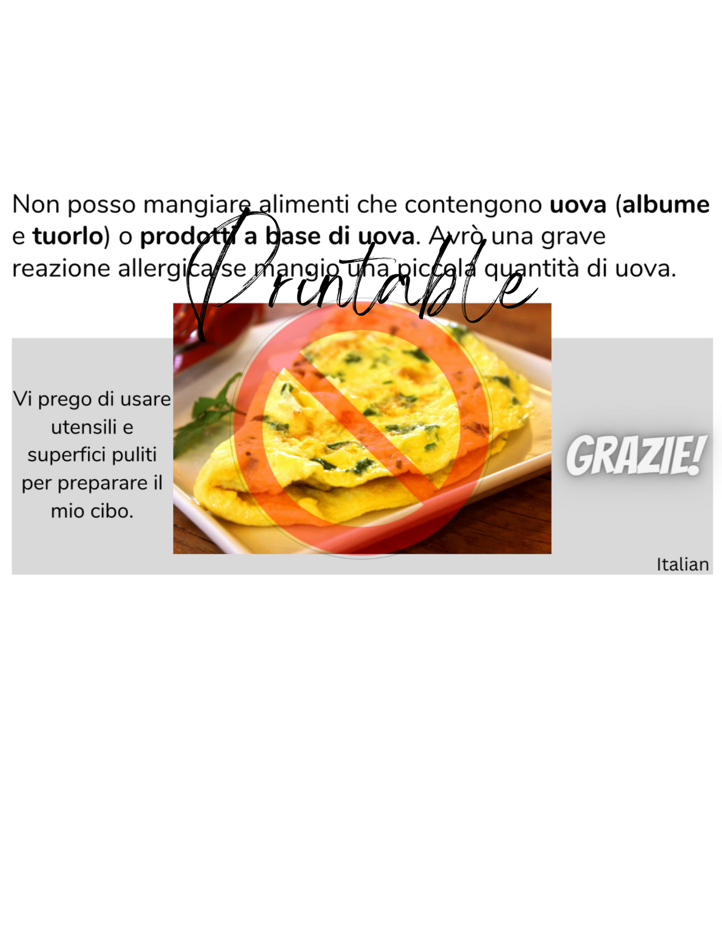 Italian Egg Allergy Card - Printable Allergy Translation Card