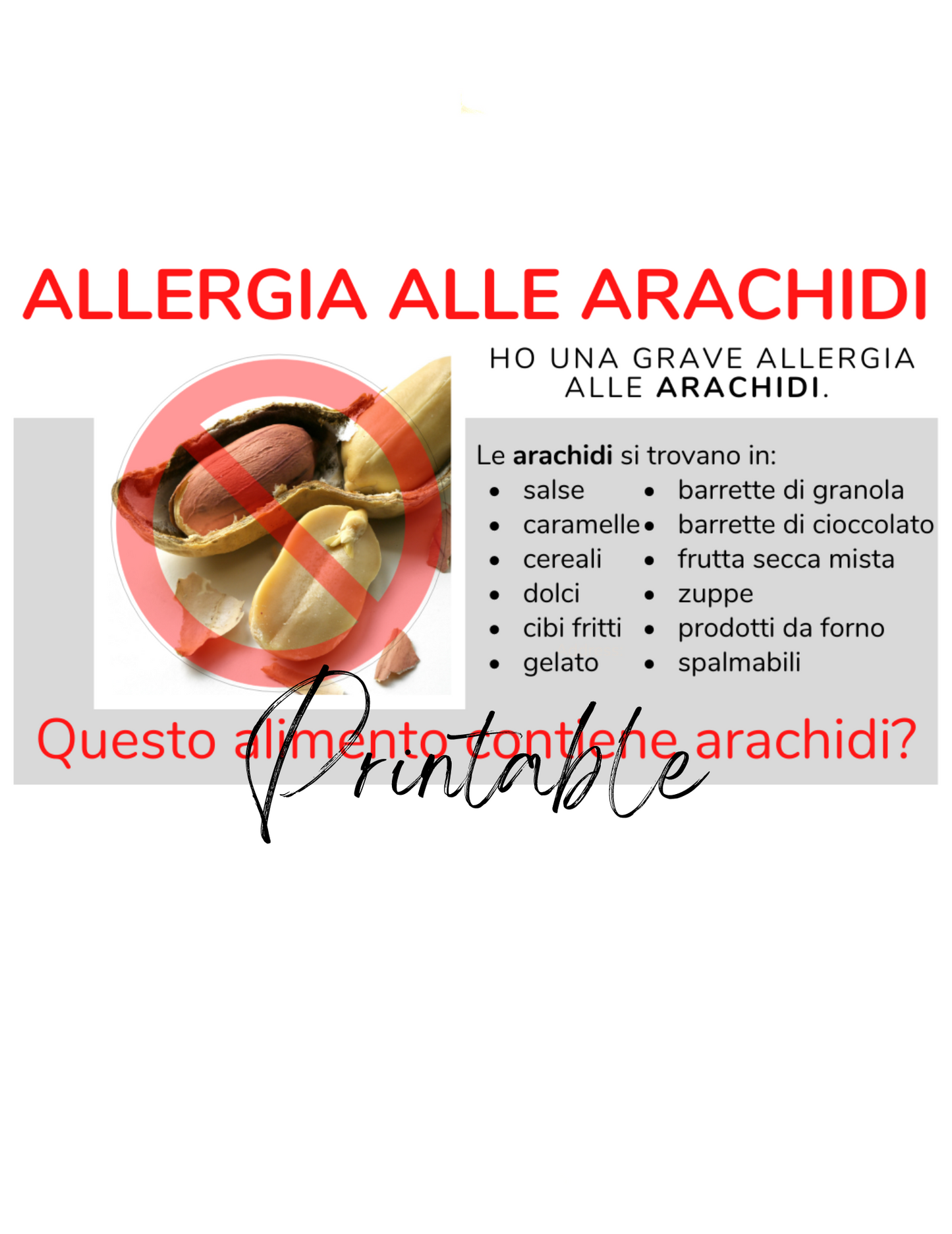 Italian Peanut Allergy Card - Printable Allergy Translation Card