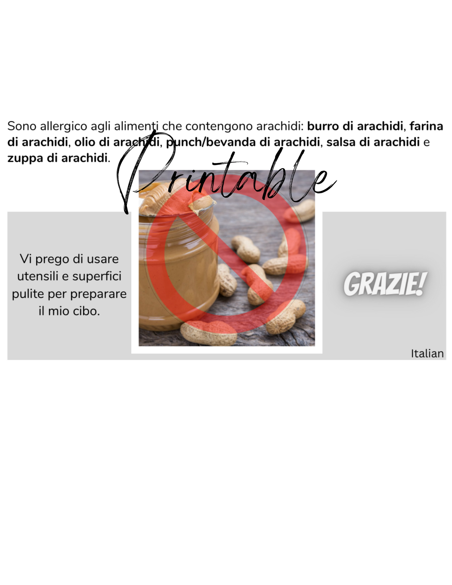 Italian Peanut Allergy Card - Printable Allergy Translation Card