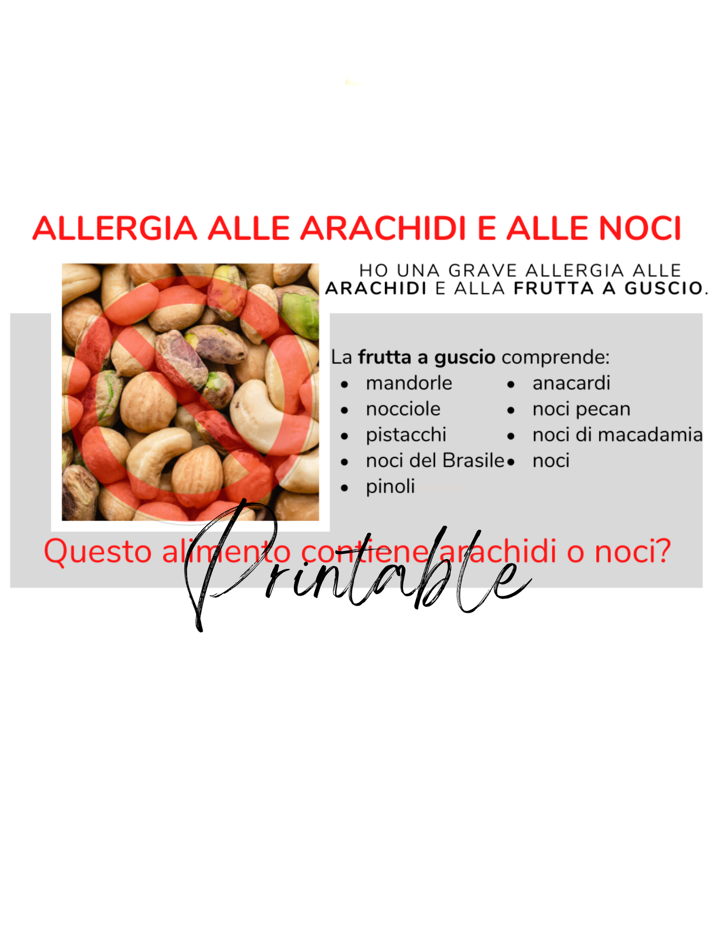 Italian Peanut & Tree Nut Allergy Card - Printable Allergy Translation Card