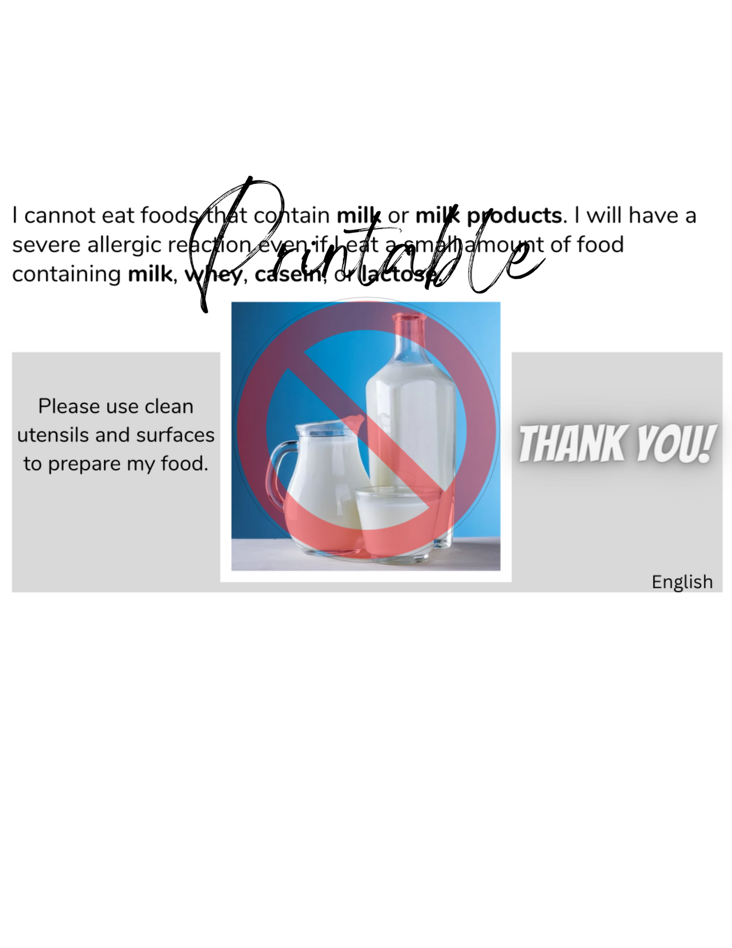 English Milk Allergy Card - Printable Allergy Translation Card