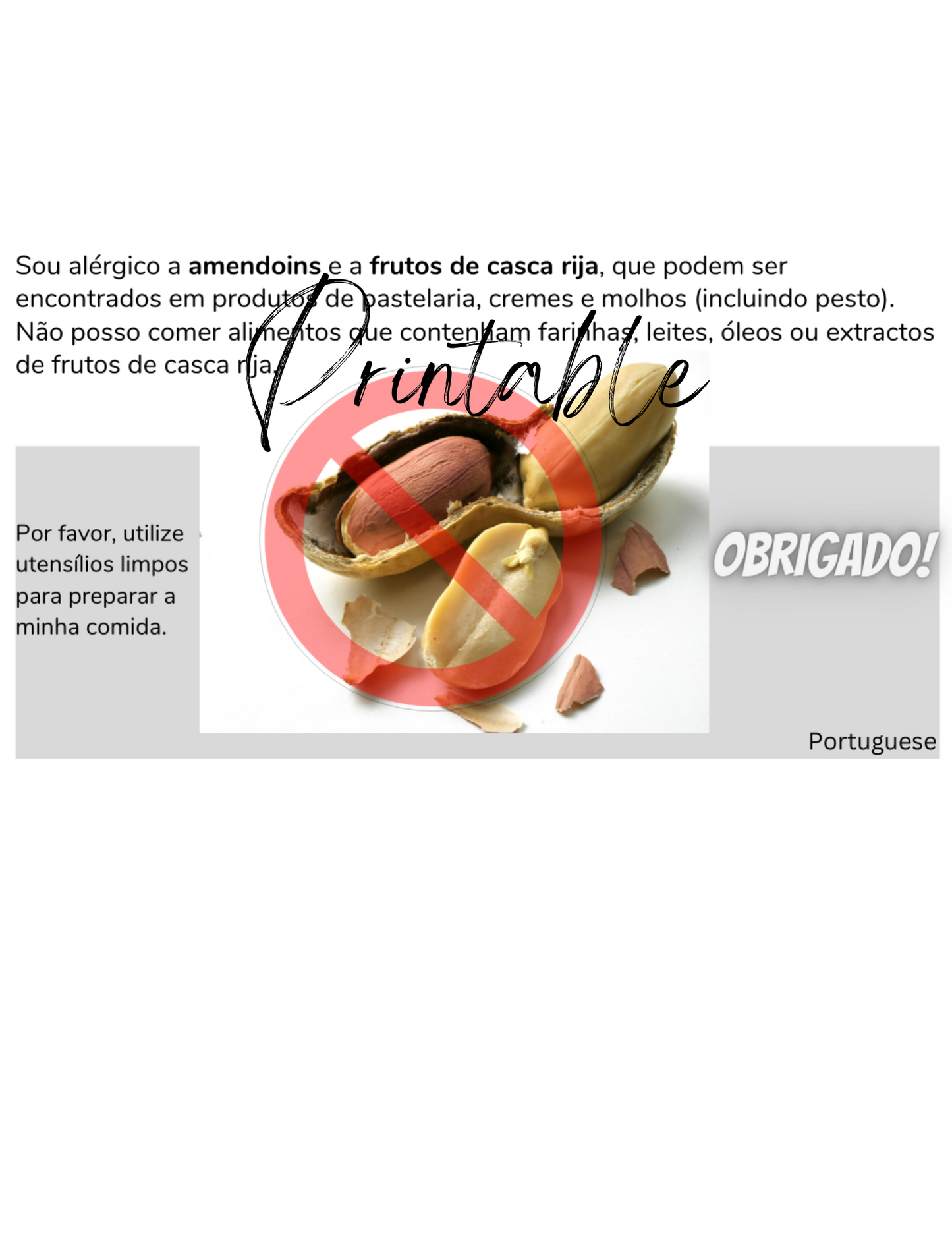 Portuguese Peanut & Tree Nut Allergy Card - Printable Allergy Translation Card