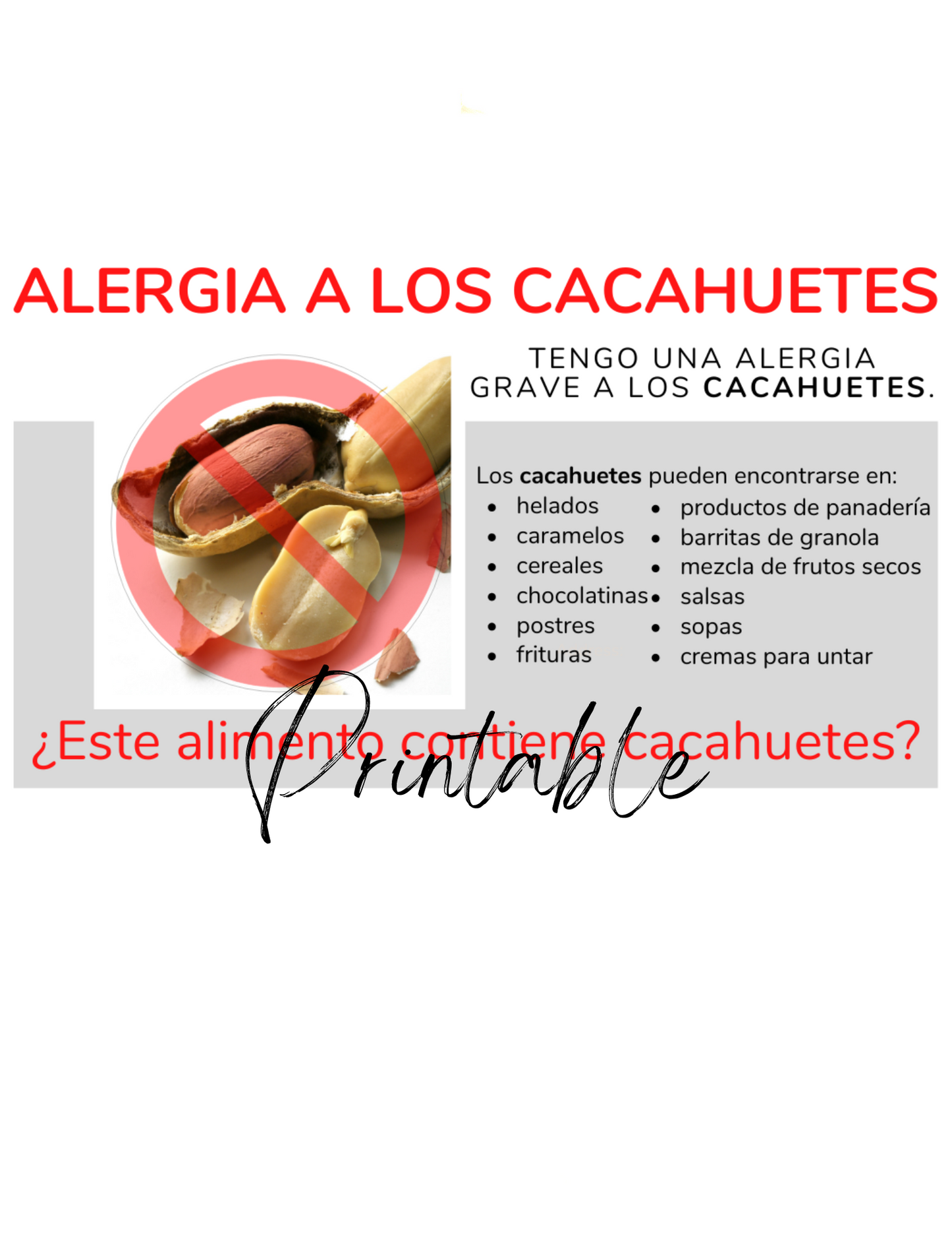 Spanish Peanut Allergy Card - Printable Allergy Translation Card