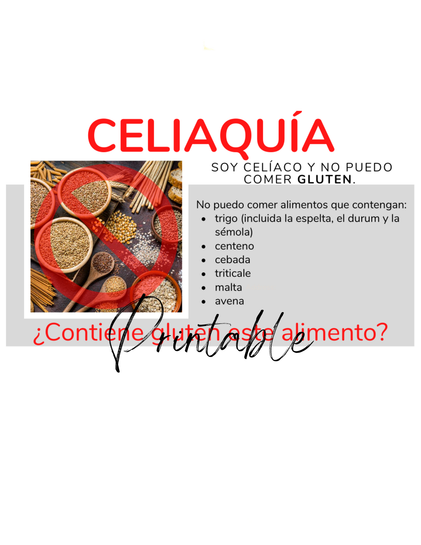 Spanish Celiac Disease Card - Printable Gluten-Free Translation Card
