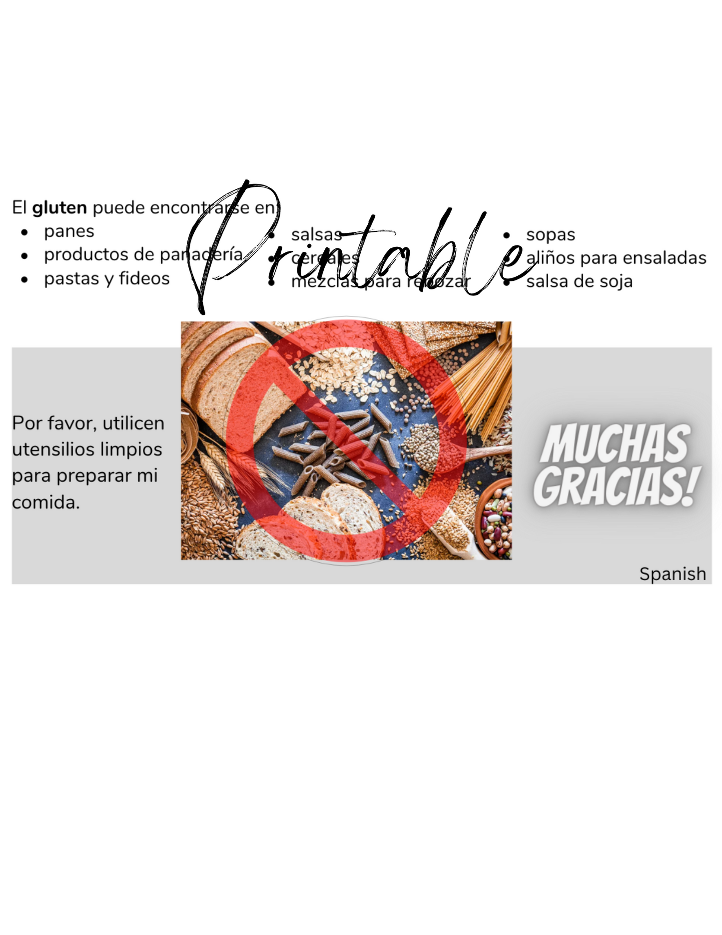 Spanish Celiac Disease Card - Printable Gluten-Free Translation Card