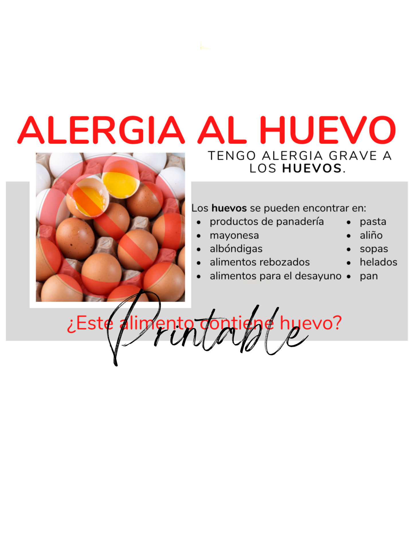 Spanish Egg Allergy Card - Printable Allergy Translation Card
