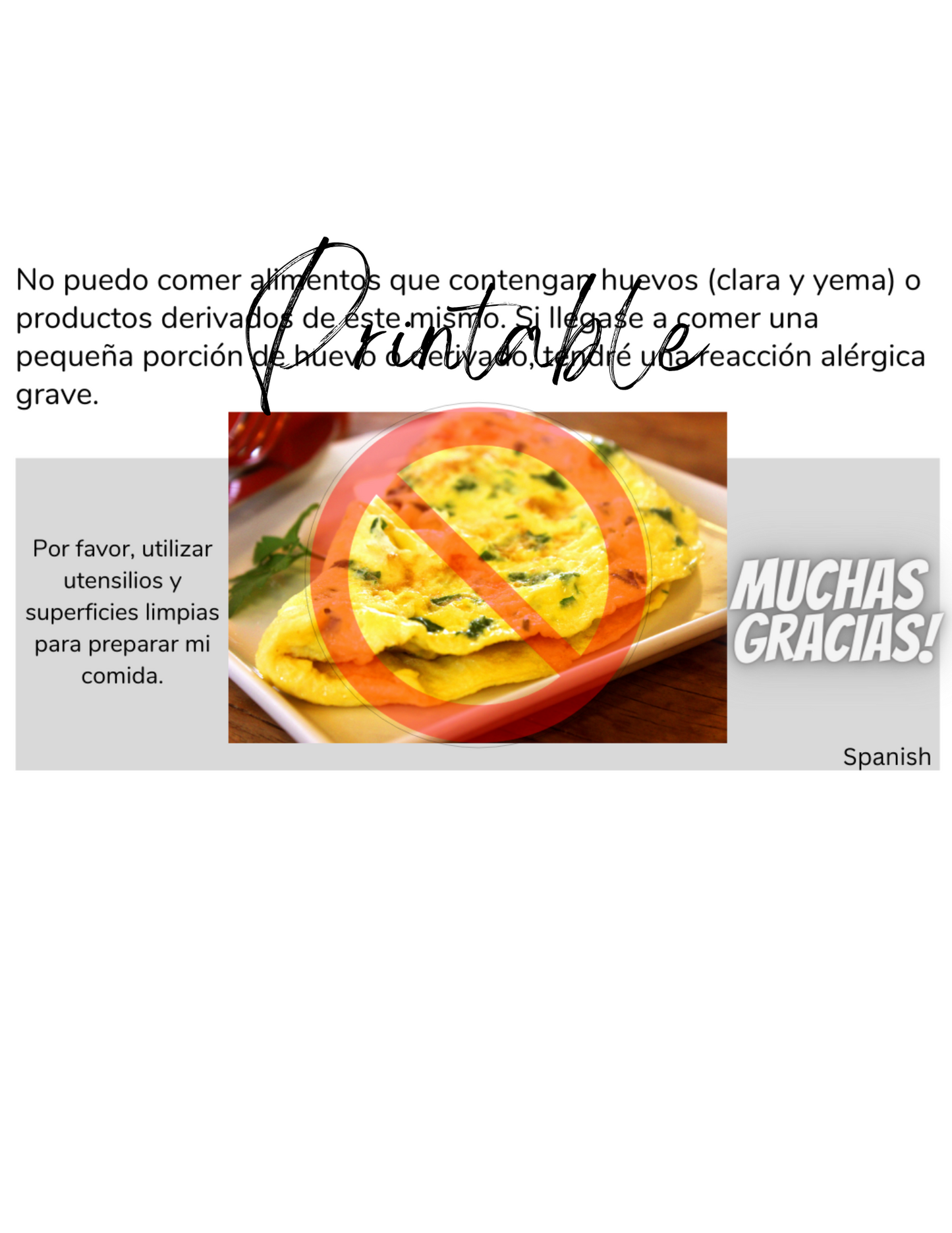 Spanish Egg Allergy Card - Printable Allergy Translation Card