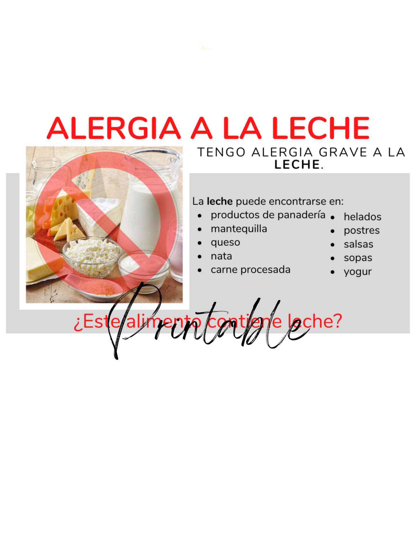 Spanish Milk Allergy Card - Printable Allergy Translation Card