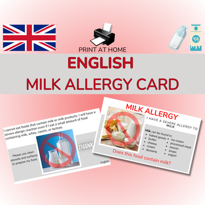 English Milk Allergy Card - Printable Allergy Translation Card