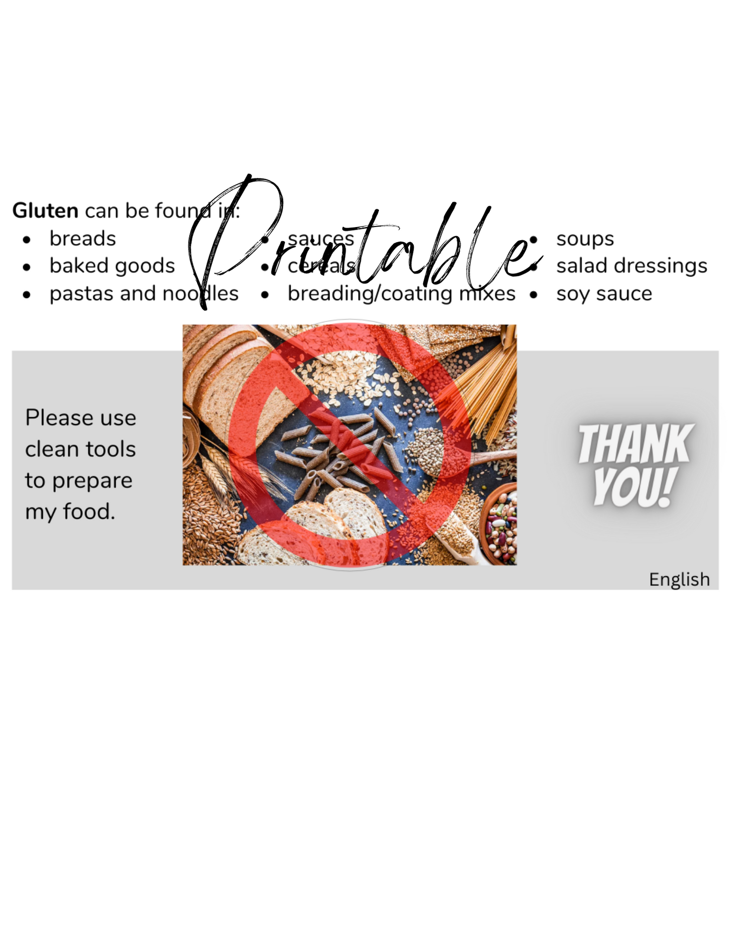 English Celiac Disease Card - Printable Gluten-Free Translation Card