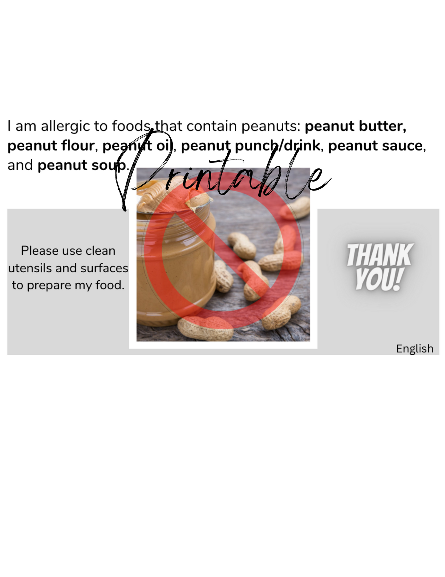 English Peanut Allergy Card - Printable Allergy Translation Card