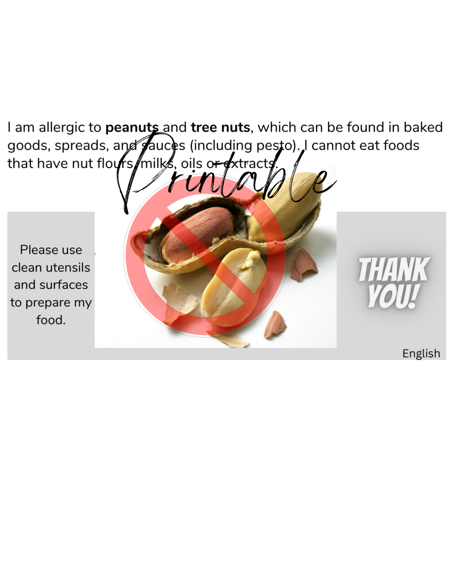 English Peanut & Tree Nut Allergy Card - Printable Allergy Translation Card