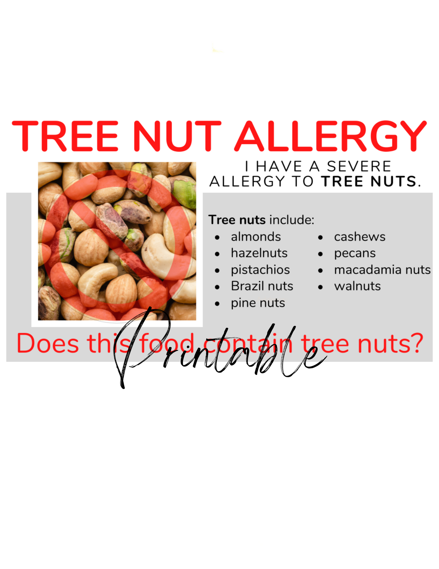 English Tree Nut Allergy Card - Printable Allergy Translation Card