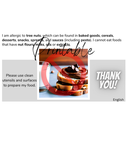 English Tree Nut Allergy Card - Printable Allergy Translation Card