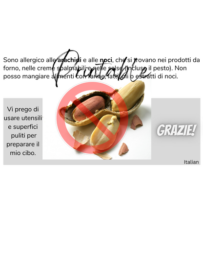 Italian Peanut & Tree Nut Allergy Card - Printable Allergy Translation Card