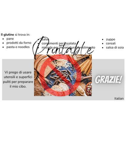 Italian Celiac Disease Card - Printable Gluten-Free Translation Card