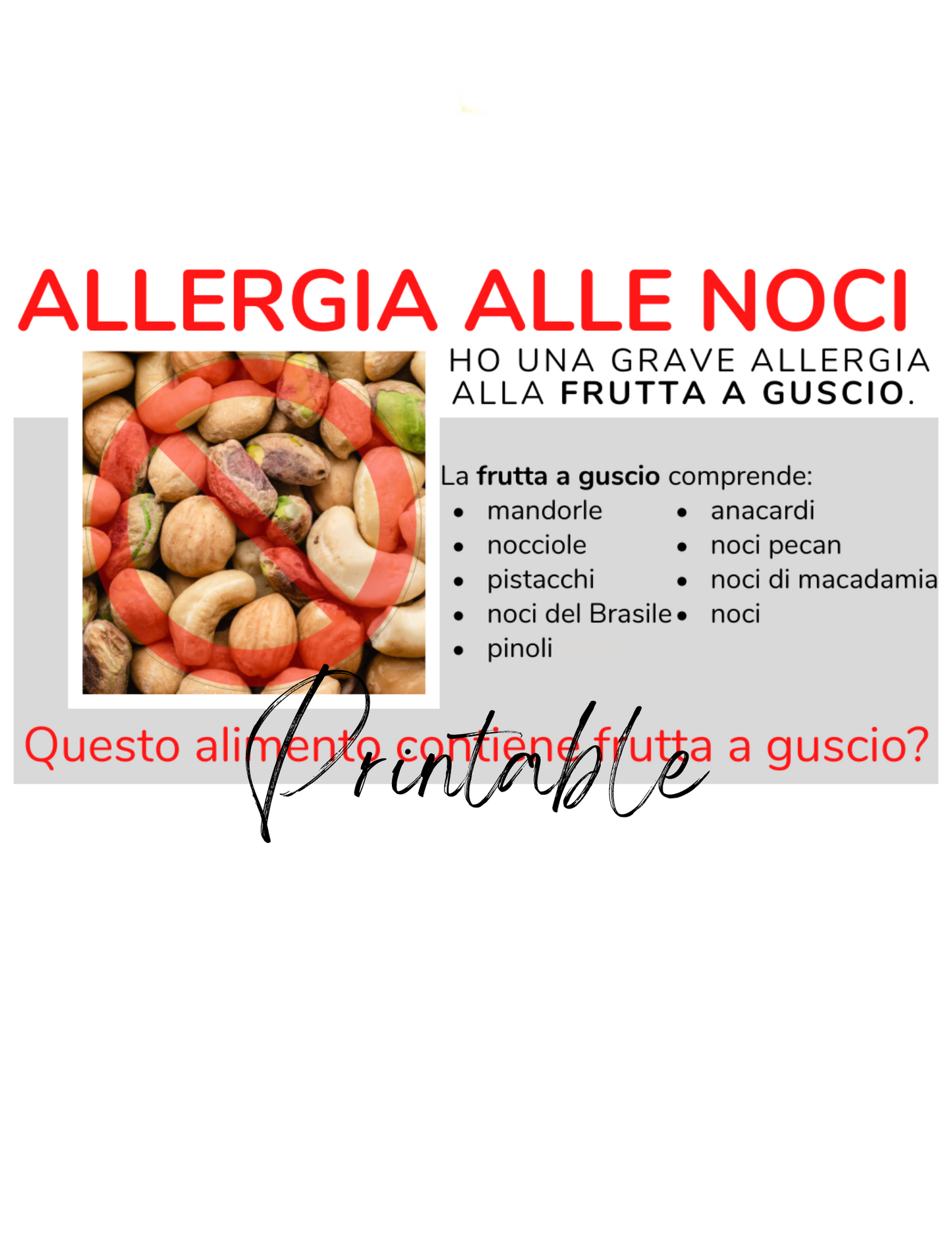 Italian Tree Nut Allergy Card  - Printable Allergy Translation Card