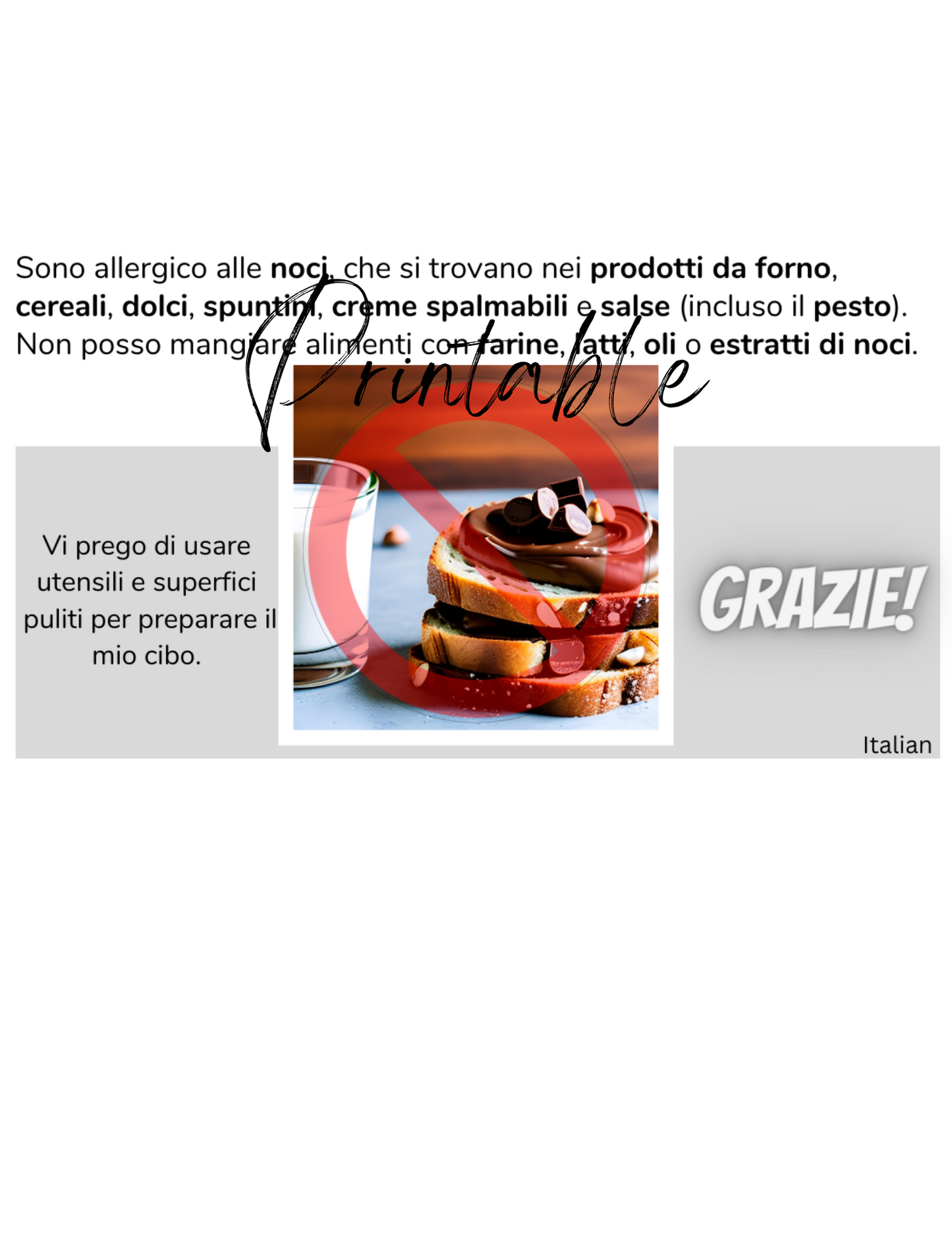 Italian Tree Nut Allergy Card  - Printable Allergy Translation Card