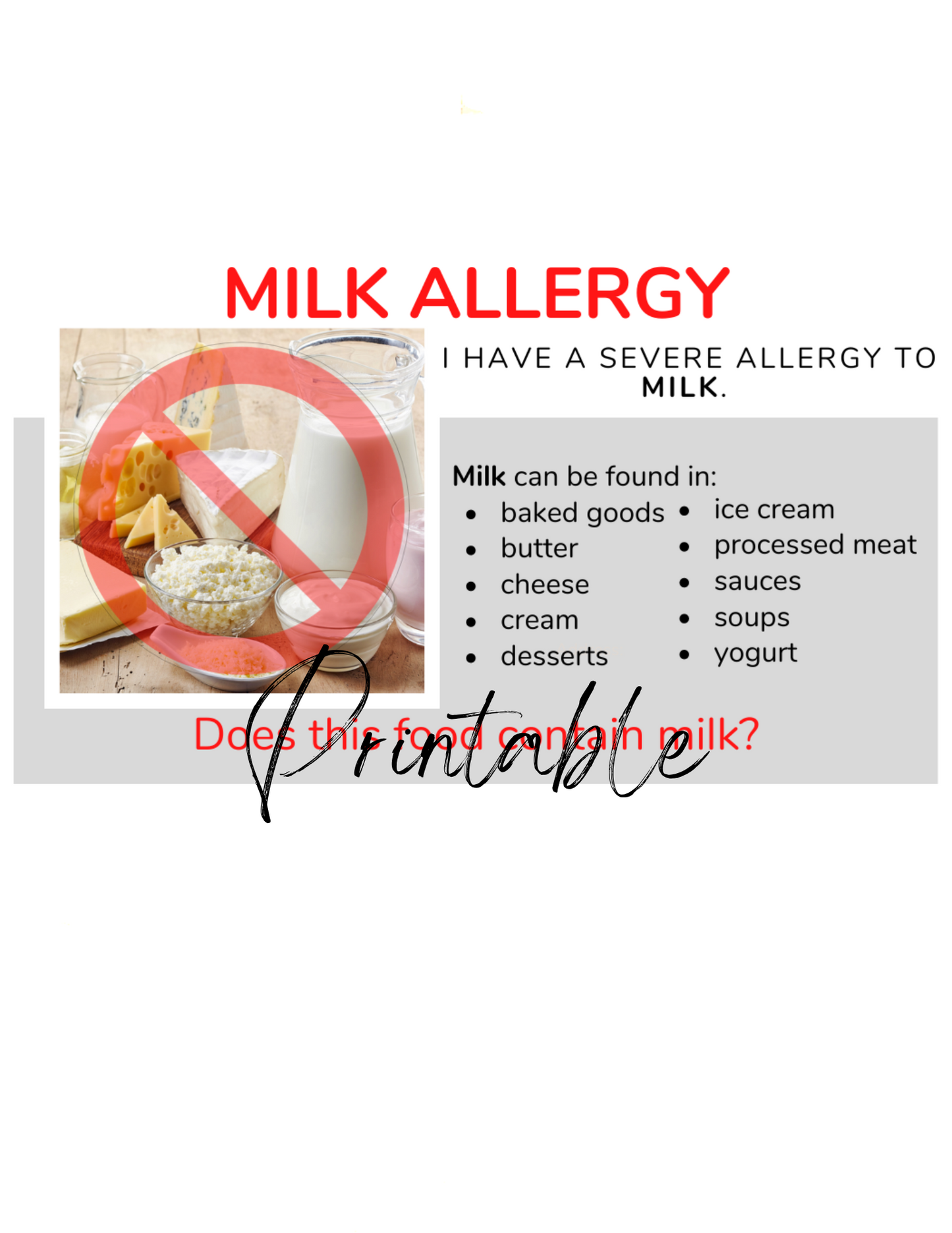 English Milk Allergy Card - Printable Allergy Translation Card
