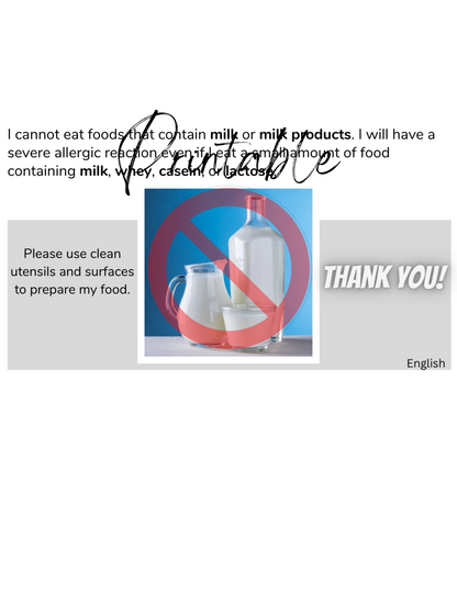 English Milk Allergy Card - Printable Allergy Translation Card