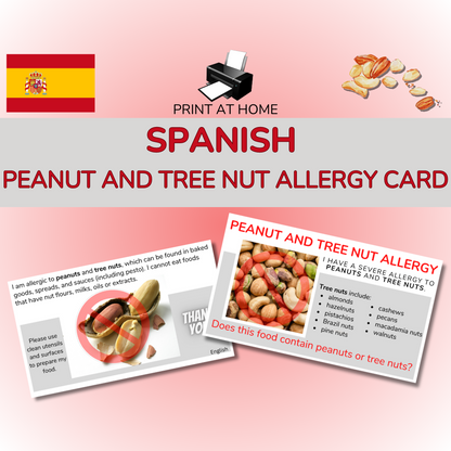 Spanish Peanut & Tree Nut Allergy Card - Printable Allergy Translation Card