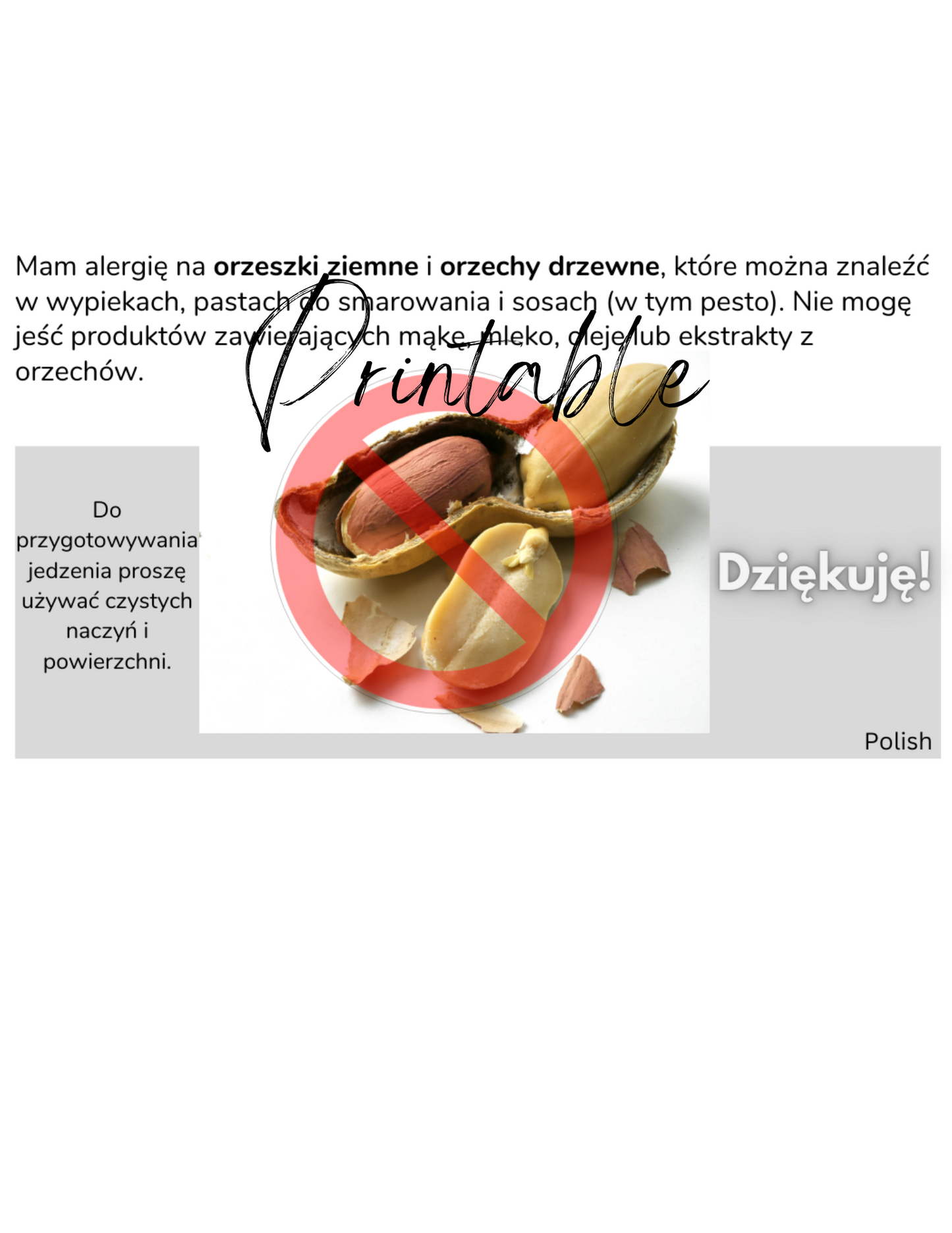 Polish Peanut & Tree Nut Allergy Card - Printable Allergy Translation Card