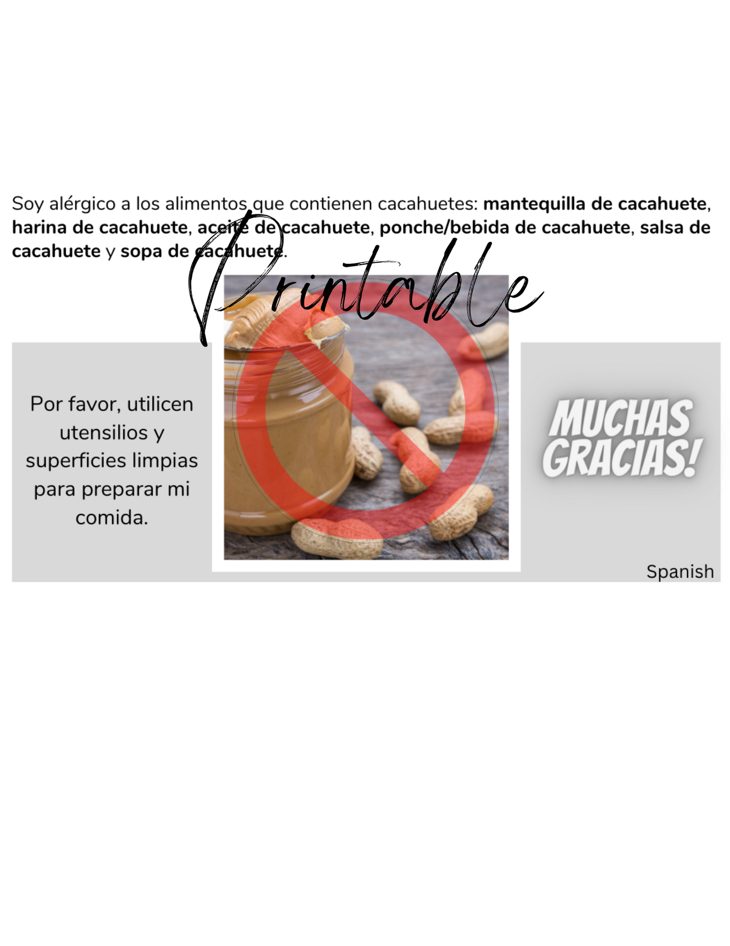 Spanish Peanut Allergy Card - Printable Allergy Translation Card