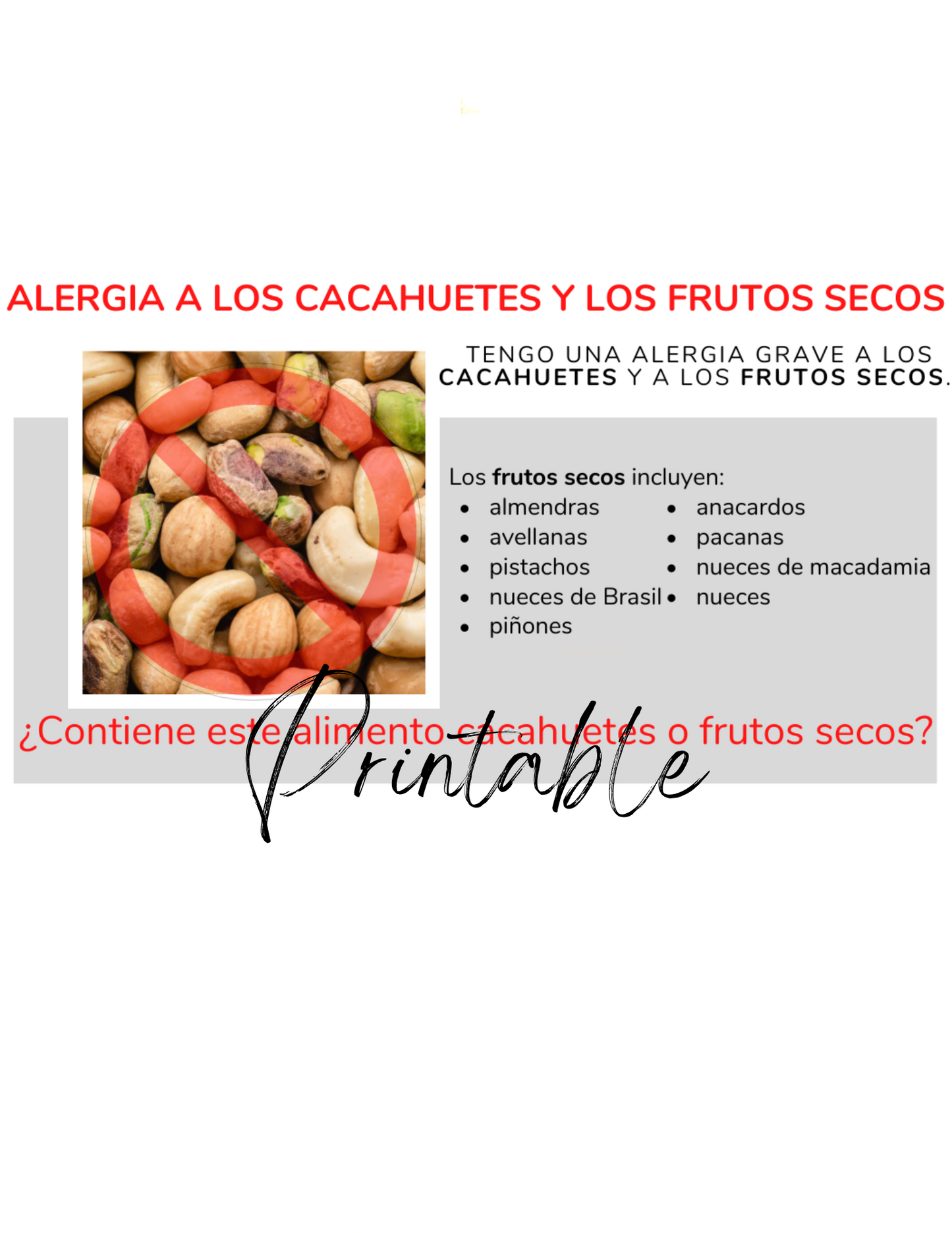 Spanish Peanut & Tree Nut Allergy Card - Printable Allergy Translation Card