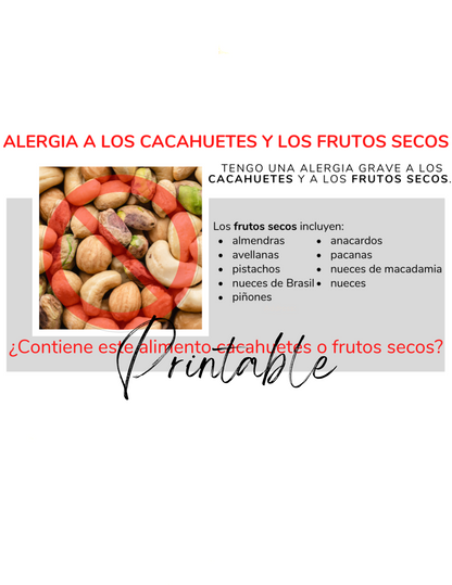 Spanish Peanut & Tree Nut Allergy Card - Printable Allergy Translation Card