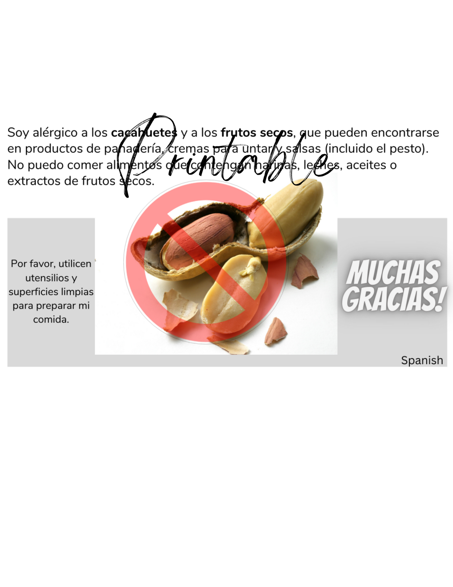 Spanish Peanut & Tree Nut Allergy Card - Printable Allergy Translation Card