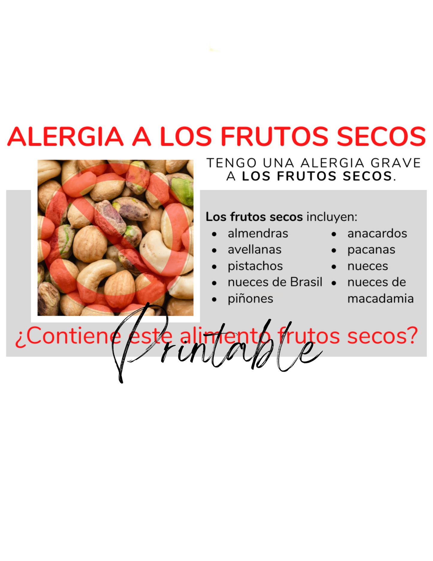 Spanish Tree Nut Allergy Card - Printable Allergy Translation Card