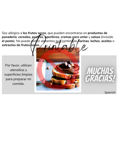Spanish Tree Nut Allergy Card - Printable Allergy Translation Card